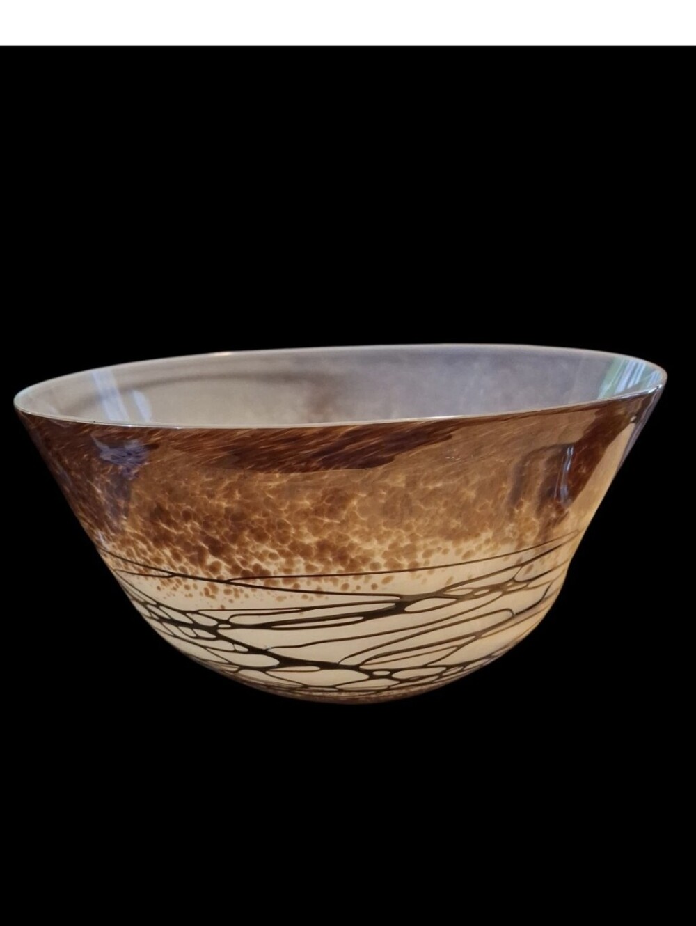 Handblown Decorative Glass Bowl in Brown and Cream With Web design